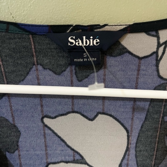 SABIE small Dress Faux Wrap Muted Purple Blue Gray Green Floral Jersey A Line - Picture 6 of 10